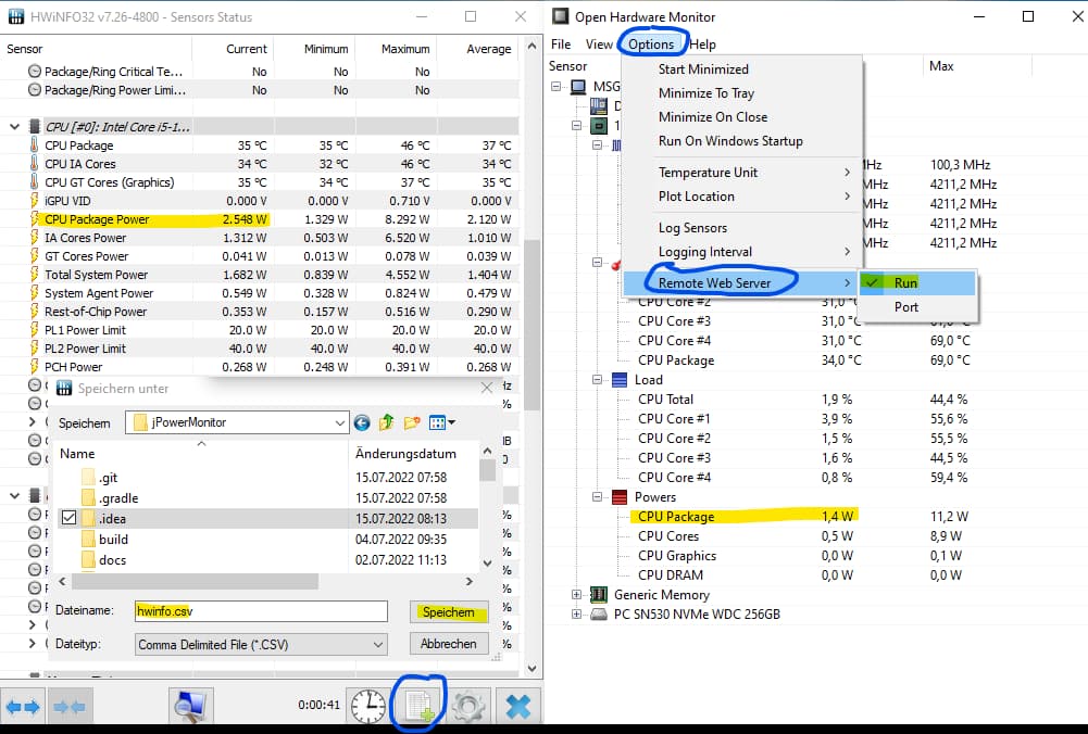 Messwert und Konfiguration HWiNFO und OpenHardwareMonitor